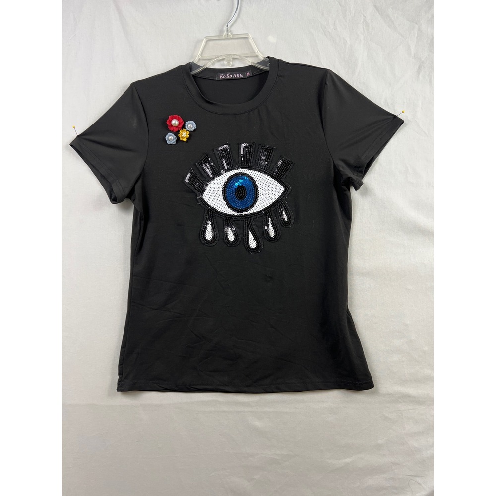 Ko Ko Ailis Graphic Tee Women Medium Black Sequin Evil Eye 3D Floral Top